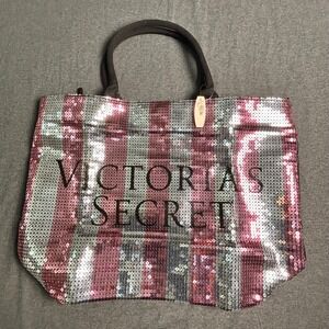 Victoria's Secret Sequin Stripe Tote NWT Zip Top Logo Bag Pink Silver